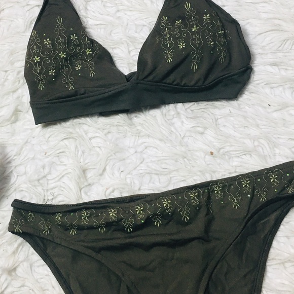 Mossimo Supply Co Swimsuit Halter Olive Green Embroidered Floral Size S/M - Picture 8 of 13